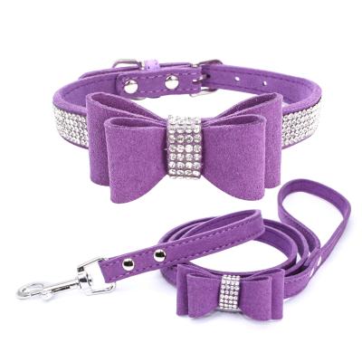 China Custom Made Rhinestone Reflective Warm Double Bowknot Double Diamond Dog Collar and Leash Set for sale