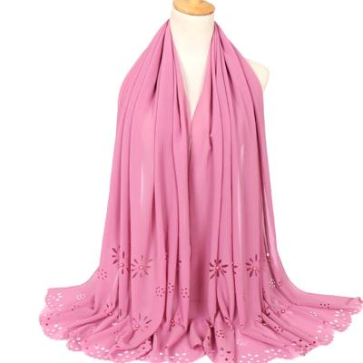 China 27 Colors Islam Women's Hollow Hijab Muslim Solid Shape Chiffon High Quality Simple Flower P-healthy With Beads for sale