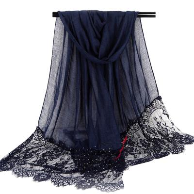 China Hot Selling Solid Color Cotton Scarf Elegant Lace Squishy Shawl For Women for sale