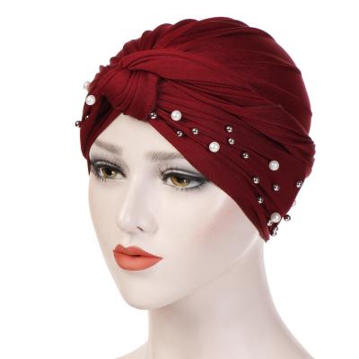 China Luxury Fashion Women Scarf Beading Muslim Ruffle Beanie Turban Pearl Cotton Headwear India Hat for sale