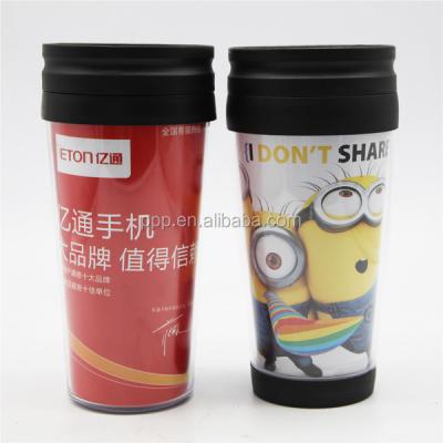 China 450ml Promotion Design Brochure Ads Wall Viable Automatic Plastic Water Bottle Insulated Double Coffee Mug With Slide Lid Cheap Price for sale