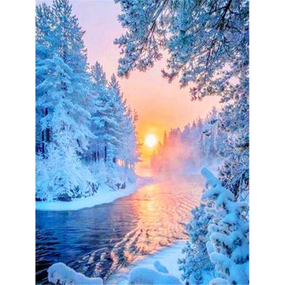 China Support HUACAN Customization Winter Landscape Diamond Embroidery Stream Snow Diamond Trees Mosaic Painting Home Decoration for sale