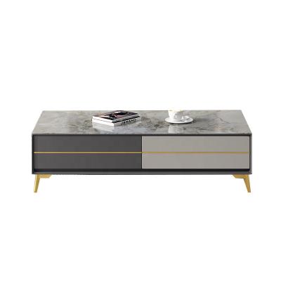 China Gray Rock Slate Top Invisible Handle Rectangle Gold Cheap Modern Coffee Table for sale