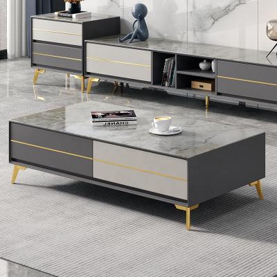 China Gray Rock Slate Top Invisible Handle Rectangle Gold Cheap Modern Coffee Table for sale