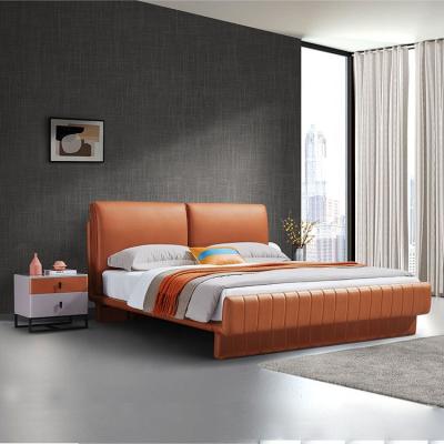 China Latest Modern Design Genuine Leather Luxury Modern Single King Size Bed Orange Single Good Prices for sale