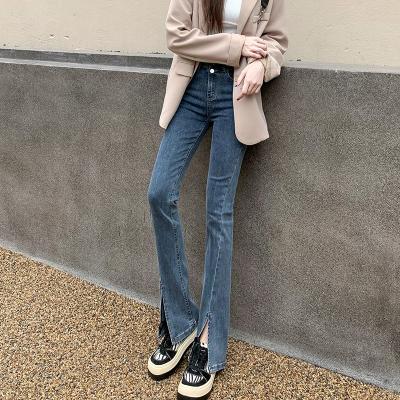 China Wholesale Breathable Women Jeans Slightly Flared With Front Split Hem Jeans Denim Split Flare Pants for sale