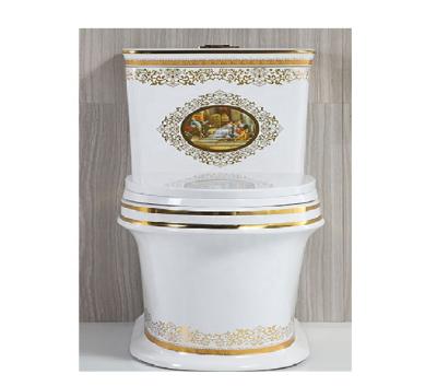 China Double-flow Foshan Quality Large Concise Design Gold Side With Drawing Bathroom One-Piece Toilet GS-004 for sale