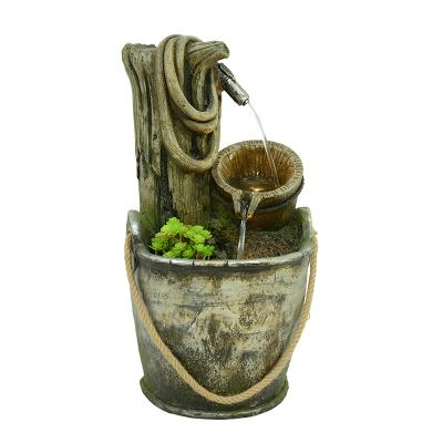 China Natural Garden Decoration Hemp Rope Barrel Fountain Outdoor Yard Fountain Waterfall for sale