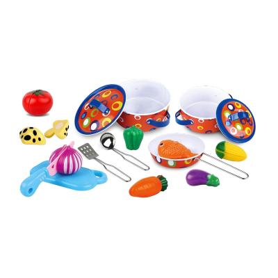 China Stainless Steel Kids 18pcs Toy Kitchen Set Pretend Play Cooking with Stainless Steel Cookware Set with Food Toys for Kid for sale