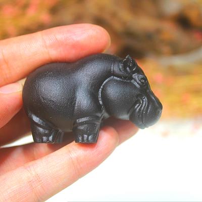 China China top grade obsidian carving 6cm beautiful crystal crafts hippo family ornaments price concessions for sale