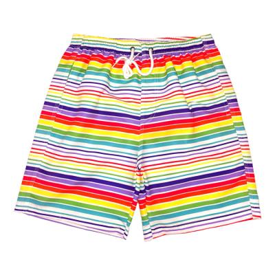 China Rainbow Windproof Stripe Printed Peachskin Drawstring Quick Dry Comfy Shorts For Women Mens for sale