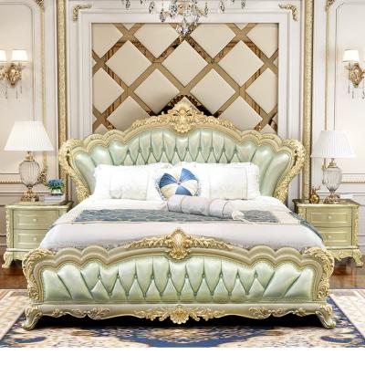 China Antique Luxury Genuine Leather King Size Bed Frame Dubai Royal Leather Style Oak Wood Headboard for sale