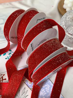 China Shinny Glitter Velvet Ribbon 6mm-38mm Deep Red Velvet Ribbon Soft for sale