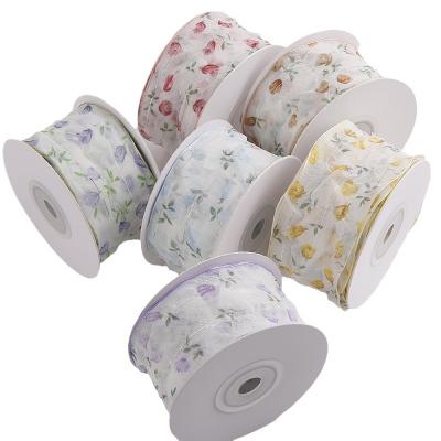 중국 40mm 50mm Organza Ribbon with Floral Printed Polyester Ribbon OEM 환경 친화적 판매용