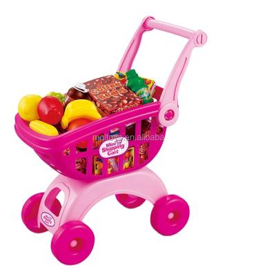 China Easy to Assemble and Push Shopping Cart with Big Wheels Pretend Toy Pink Shopping Car with Food Toy for Toddler for sale