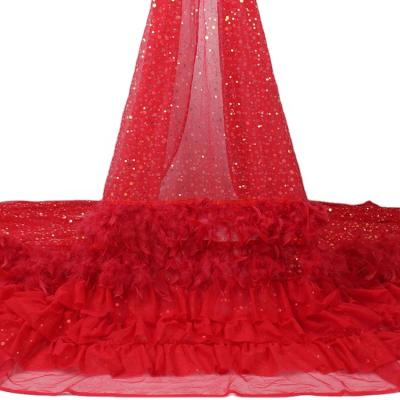 China Heat-Insulation Fashion Price Stock Sequin Available Faux Beaded Trimming Feather Fabric Backdrop Ostrich Feather Bohomeian Fabric for sale