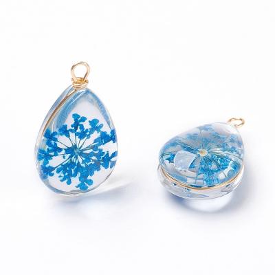 China No Pandahall Teardrop Real 18K Gold Plated Dodger Blue Inner Flower Glass Pendants for sale