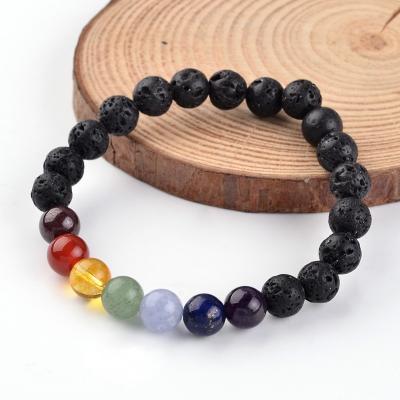 China PandaHall FASHIONABLE 55mm 7 Chakra Lava Rock Beaded Stretch Bracelets natural for sale