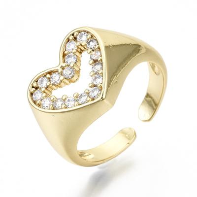 China PandaHall USA Size 6 (16.5mm) TRENDY Gold Plated Heart Brass 16K Micro Brass Real Pave Clear Cubic Zirconia Cuff Rings for sale