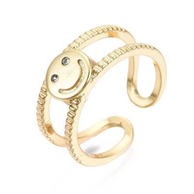 China TRENDY PandaHall USA Size 7 1/4 Smiling Face 16K Real Gold Brass Micro Plated Pave Clear Cubic Zirconia Cuff Rings for sale