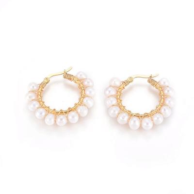 China PandaHall CLASSIC 304 Stainless Steel White Natural Pearl Ring Hoop Earrings for sale