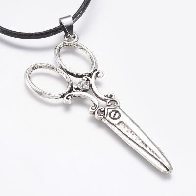 China Pandahall FASHIONABLE Antique Silver Rhinestone Rope Scissors Waxed Pendant Necklaces for sale