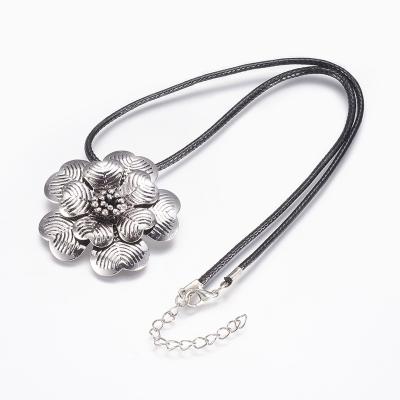 China Pandahall TRENDY 17.7 Inches Flower Antique Silver Waxed Rope Pendant Necklaces for sale