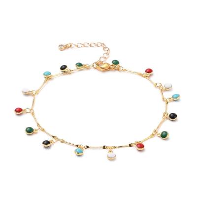 China Pandahall FASHIONABLE Flat Round Enamel Charm Anklets Bar Gold Brass Link Chains for sale