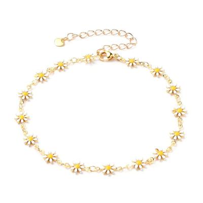 China FASHIONABLE Heart Charms Pandahall Gold Brass Enamel Daisy Link Chain Anklets for sale