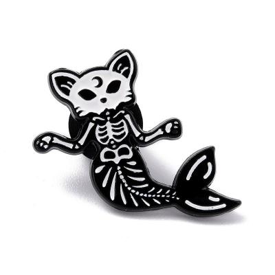 China Alloy+Enamel Pandahall Cat Mermaid Electrophoresis Black White Brooches for sale