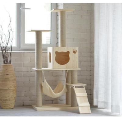 China Breathable Wooden Pet Scratcher Cat Tower Large Climbing Scratch of Varnish Timber House Bed for sale