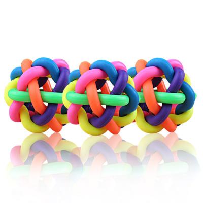 China Sustainable Pet Fun Toys Colorful Rubber Dog Cat Interactive Rainbow Ball Molar Bell Ball for sale