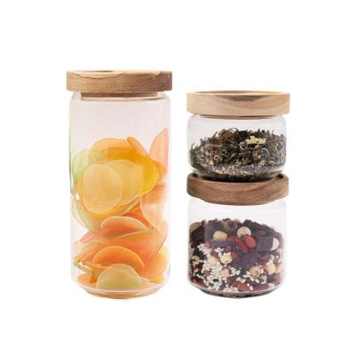 China Contemporary Acacia Wood Storage Jars Sealed Kitchen Sundries Storage Jars Tea Storage Beans Glass Jars for sale