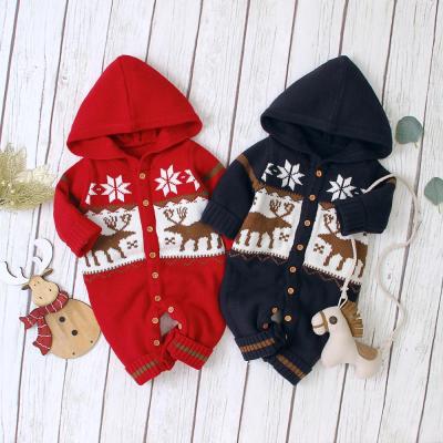 China Soft Infant Toddler Jumpsuit Hoodie Elk Cartoon Long Sleeve Knitted Clothes Christmas Sweater Newborn Baby Romper With Hood for sale