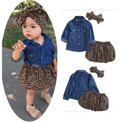 China ENGLAND STYLE kids denim shirt leopard skirt headband costume toddler outfit clothes autumn children's jacket headwear babies clothing sets for sale