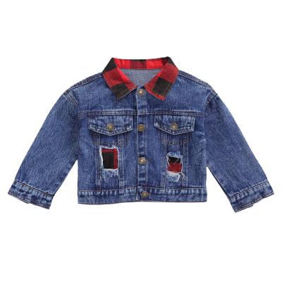 China Breathable Baby Long Sleeve Cotton Jackets Tops Kids Autumn Jeans Outfits Plaid Collar Clothes Boys Girls Short Denim Plus Size Coat for sale