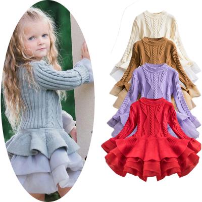 China Breathable Kids Girl Autumn Winter Sweater Dresses Baby Tulle Lace Up TUTU Skirt Clothes Knit Girls Warm Princess Knitted Dress for sale