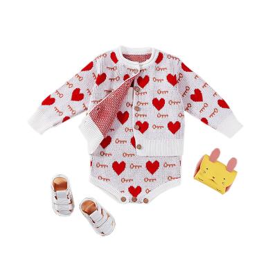 China Baby Clothing 0-2T Breathable Infant Infant Knitted Clothing Suit Baby Love Heart Cardigan With Romper Two Piece Sets for sale