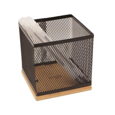 China High-end Desktop Storage Box Wood Base Metal Mesh Pen Holder Desk Organizer Pencil Holder Storage Box for sale