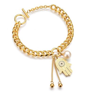 China Wholesale Casual/Sporty Fashion Women Stainless Steel Bracelet 18k Gold Plated Evil Eye Bracelets Fatima Hamsa Hand Bracelet for sale