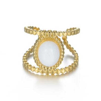 China Wholesale 14K Stainless Steel Casting Ring Casual Adjustable White Amber Gemstone Ring for sale