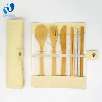 China WanuoCraft Sustainable Natural Bamboo Travel Cutlery Kit Include Knife, Fork, Spoon, Straw and Cleaning Brush for Office Camping Lunch for sale