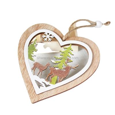 China Wanuocraft 3D Plywood Love Heart Shape Christmas Tree Ornaments Hanging Wooden Pendant Tags For Wedding Festival for sale