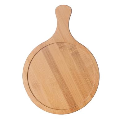 China WanuoCraft Eco-Friendly Round Bamboo Pizza Cutting Board Baking Tray Sushi Holder With Hand Wooden Steak Dish Slate for sale