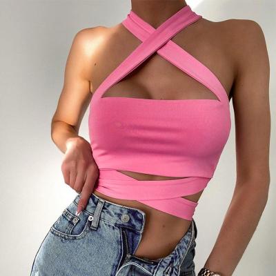 China 2022 hot sale women's clothing anti-pilling boutique solid skinny cute bandage backless sexy tops for sale