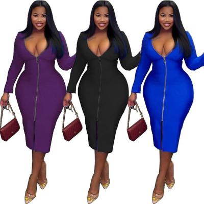 China Sustainable Zipper Long Sleeve Midi Dress Clothing Plus Size Womens Dresses Sexy Bodycon Women for sale