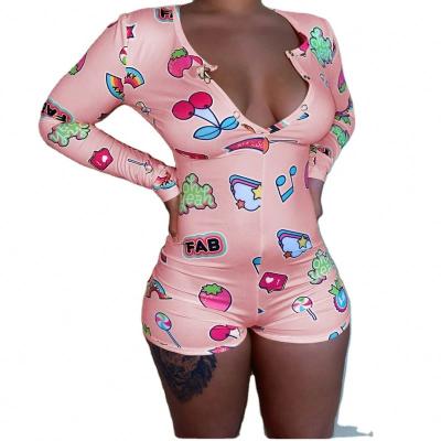 China 2022 style V-neck cartoon printing long sleeved jumpsuit deep sexy hot QUICK DRY button tight home jumpsuit for sale