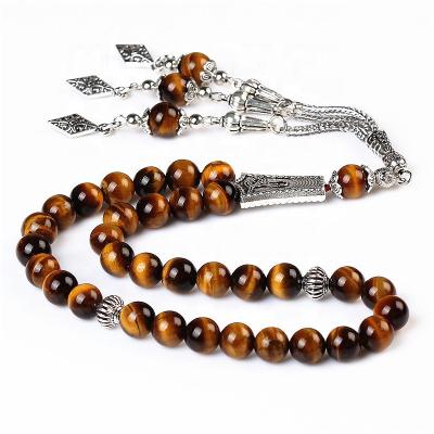 China Crystal Natural Tiger Eye Stone Tasbih Misbaha Muslim Silver Rosary Tassel Beads Islamic Subha Prayer Beads for sale