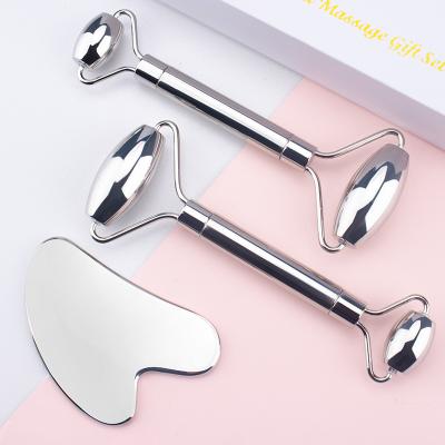 China Comfortable Anti Aging Facial Lift Massage Stainless Steel Gua Sha Metal Face Roller Set for sale