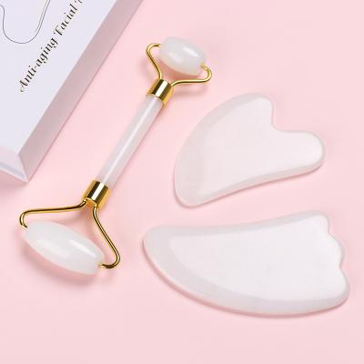 China Custom face massager 100% natural face logo jade roller and opal white gua sha set for face eyes neck with gift box for sale